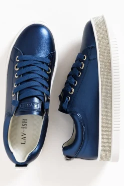 Leather Sneakers<Lav-ish Lange Navy Leather Diamante Sneaker
