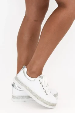 White Sneakers<Lav-ish Lange White Leather Diamante Sneaker