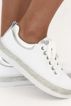 White Sneakers<Lav-ish Lange White Leather Diamante Sneaker