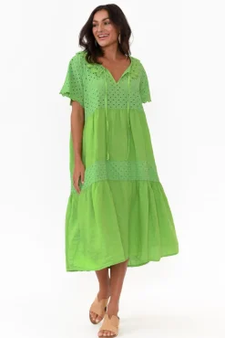 Linen Dresses<Donna Donna Larsa Green Linen Embroidered Collared Dress
