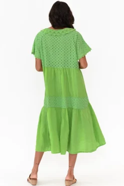 Linen Dresses<Donna Donna Larsa Green Linen Embroidered Collared Dress