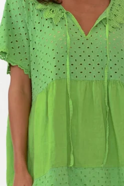 Linen Dresses<Donna Donna Larsa Green Linen Embroidered Collared Dress