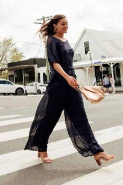 Pants<La Strada Laurier Navy Silk Wide Leg Pant