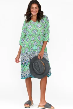 Cotton Dresses<One Summer Layla Aqua Geo Crinkle Cotton Dress