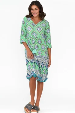 Cotton Dresses<One Summer Layla Aqua Geo Crinkle Cotton Dress