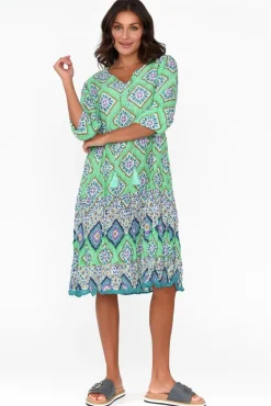 Cotton Dresses<One Summer Layla Aqua Geo Crinkle Cotton Dress