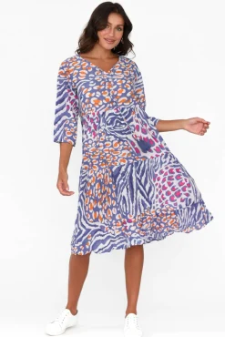 Cotton Dresses<One Summer Layla Blue Animal Crinkle Cotton Dress