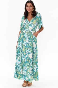Maxi Dresses<Isabella Boho Lenora Turquoise Tropical Maxi Dress
