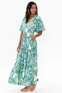 Maxi Dresses<Isabella Boho Lenora Turquoise Tropical Maxi Dress
