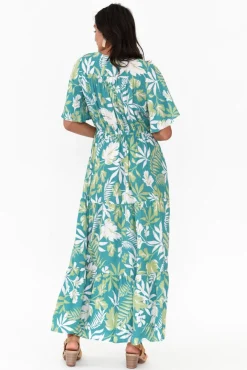 Maxi Dresses<Isabella Boho Lenora Turquoise Tropical Maxi Dress