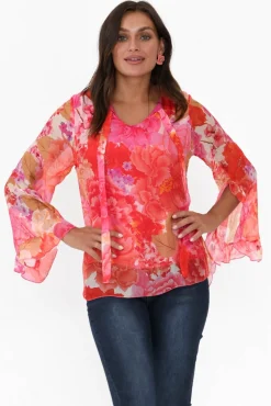 Sleeved Tops<La Strada Leonardo Red Blossom Silk Front Tie Top