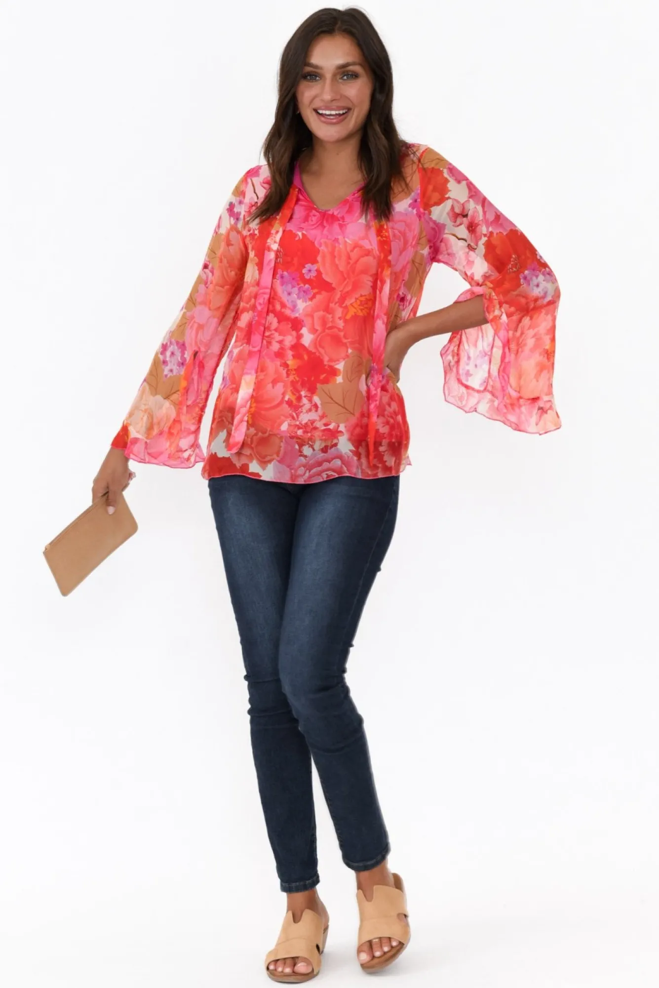 Sleeved Tops<La Strada Leonardo Red Blossom Silk Front Tie Top