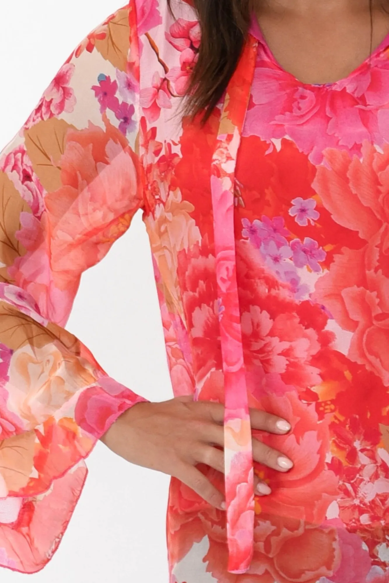 Sleeved Tops<La Strada Leonardo Red Blossom Silk Front Tie Top