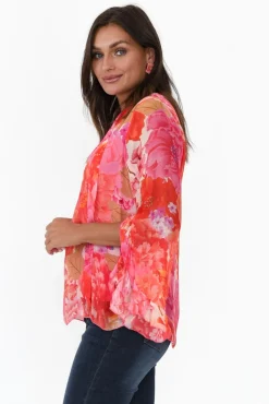 Sleeved Tops<La Strada Leonardo Red Blossom Silk Front Tie Top