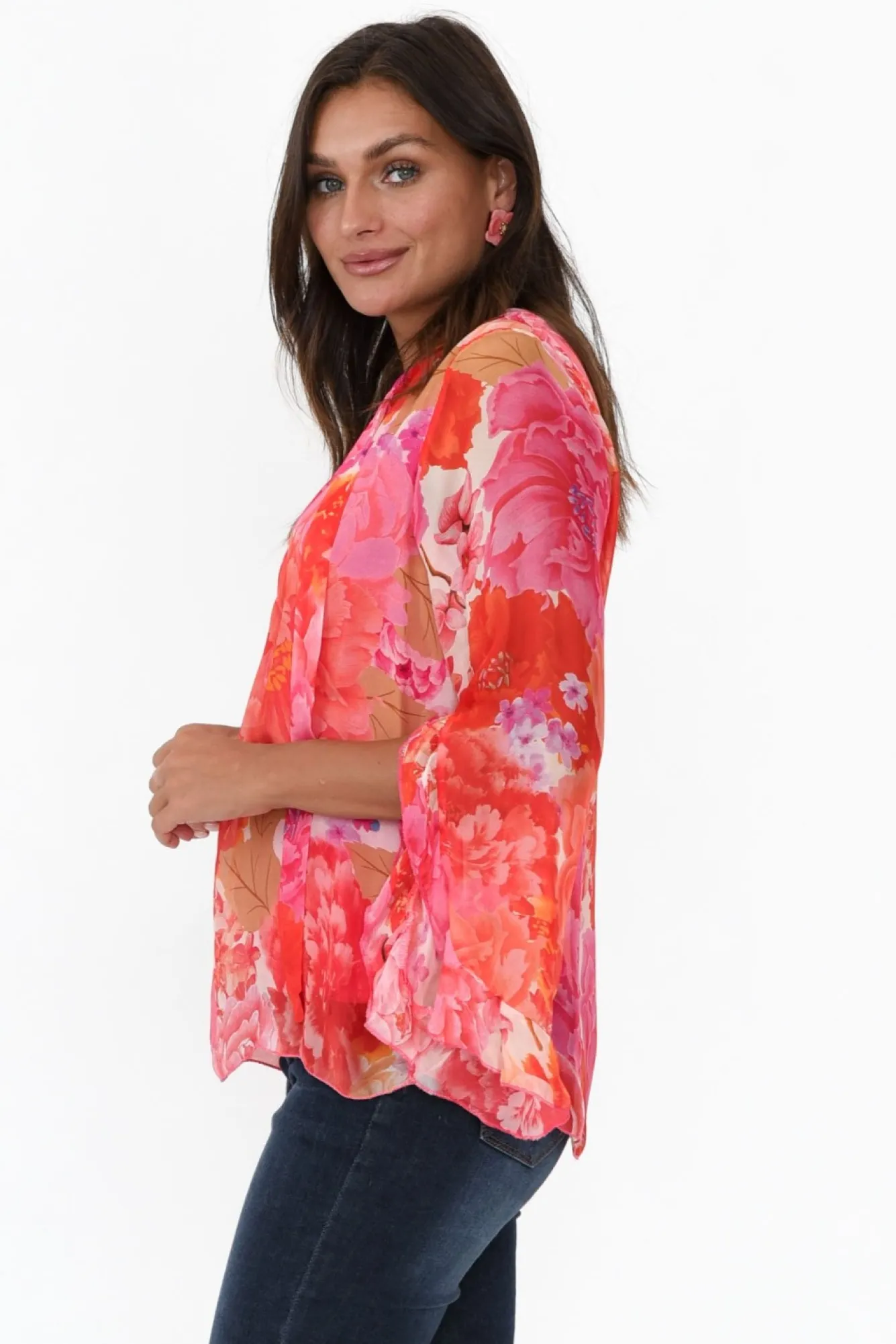 Sleeved Tops<La Strada Leonardo Red Blossom Silk Front Tie Top