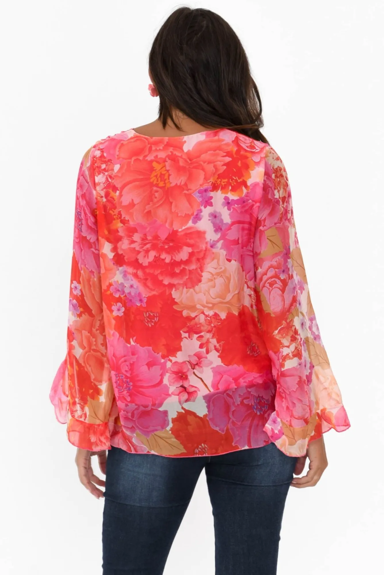 Sleeved Tops<La Strada Leonardo Red Blossom Silk Front Tie Top