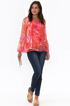 Sleeved Tops<La Strada Leonardo Red Blossom Silk Front Tie Top