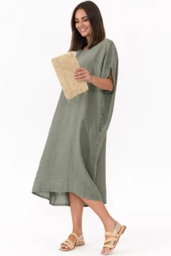 Linen Dresses<Donna Donna Leslie Khaki Linen Midi Dress