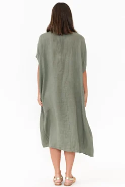 Linen Dresses<Donna Donna Leslie Khaki Linen Midi Dress