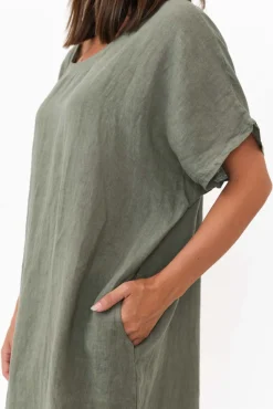 Linen Dresses<Donna Donna Leslie Khaki Linen Midi Dress