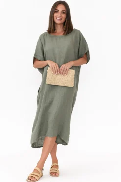 Linen Dresses<Donna Donna Leslie Khaki Linen Midi Dress