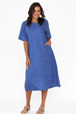 Linen Dresses<Cali and Co Lettice Cobalt Broderie Linen Dress