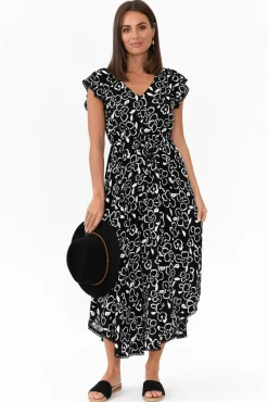Midi Dresses<New U Collection Libby Black Flower Midi Dress