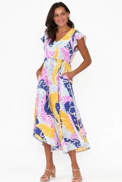 Midi Dresses<New U Collection Libby Blue Abstract Midi Dress