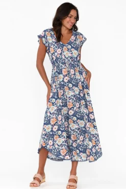 Midi Dresses<New U Collection Libby Navy Bouquet Midi Dress