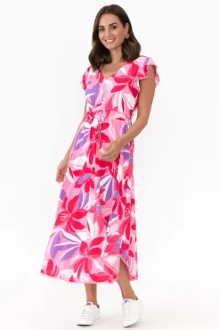 Midi Dresses<New U Collection Libby Pink Garden Midi Dress