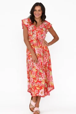 Midi Dresses<New U Collection Libby Red Bloom Midi Dress