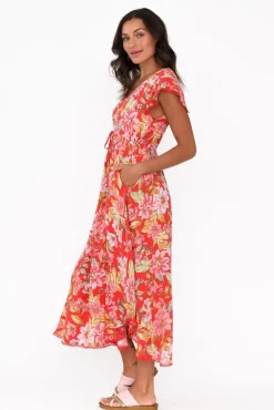 Midi Dresses<New U Collection Libby Red Bloom Midi Dress
