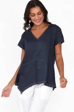 Sleeved Tops<Cali and Co Lindy Navy Linen V Neck Top