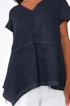 Sleeved Tops<Cali and Co Lindy Navy Linen V Neck Top