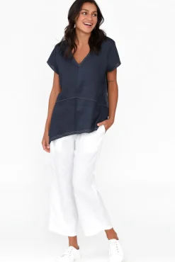 Sleeved Tops<Cali and Co Lindy Navy Linen V Neck Top