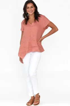 Linen Tops<Cali and Co Lindy Rust Linen V Neck Top