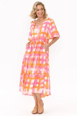 Midi Dresses<PQ Lisha Pink Check Tiered Dress