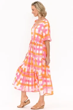 Midi Dresses<PQ Lisha Pink Check Tiered Dress