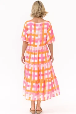 Midi Dresses<PQ Lisha Pink Check Tiered Dress