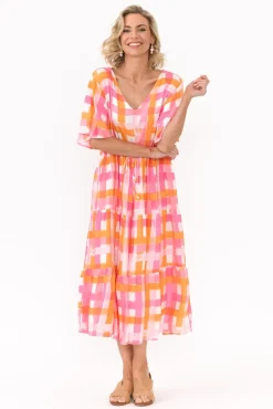 Midi Dresses<PQ Lisha Pink Check Tiered Dress