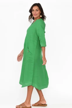 Linen Dresses<Cali and Co Lolita Green Linen Pocket Dress