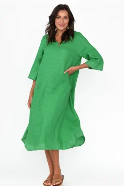 Linen Dresses<Cali and Co Lolita Green Linen Pocket Dress