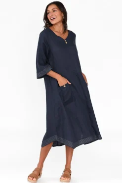 Linen Dresses<Cali and Co Lolita Navy Linen Pocket Dress