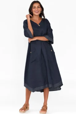 Linen Dresses<Cali and Co Lolita Navy Linen Pocket Dress