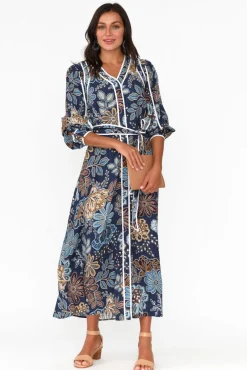 Midi Dresses<Once Was Lorene Navy Flower Bishop Sleeve Dress