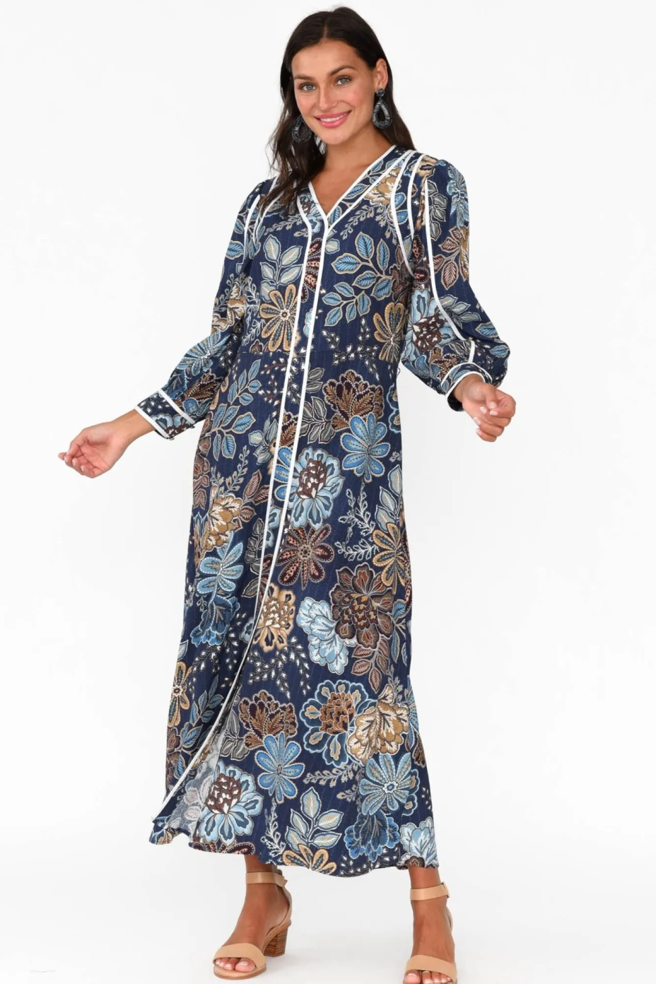 Midi Dresses<Once Was Lorene Navy Flower Bishop Sleeve Dress