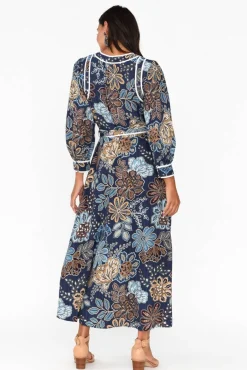 Midi Dresses<Once Was Lorene Navy Flower Bishop Sleeve Dress