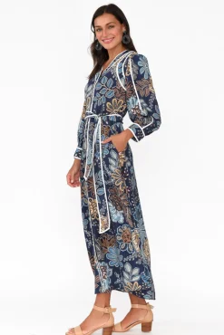 Midi Dresses<Once Was Lorene Navy Flower Bishop Sleeve Dress