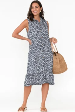 Cotton Dresses<Namastai Luca Navy Flower Cotton Frill Hem Dress