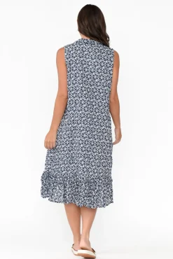 Cotton Dresses<Namastai Luca Navy Flower Cotton Frill Hem Dress